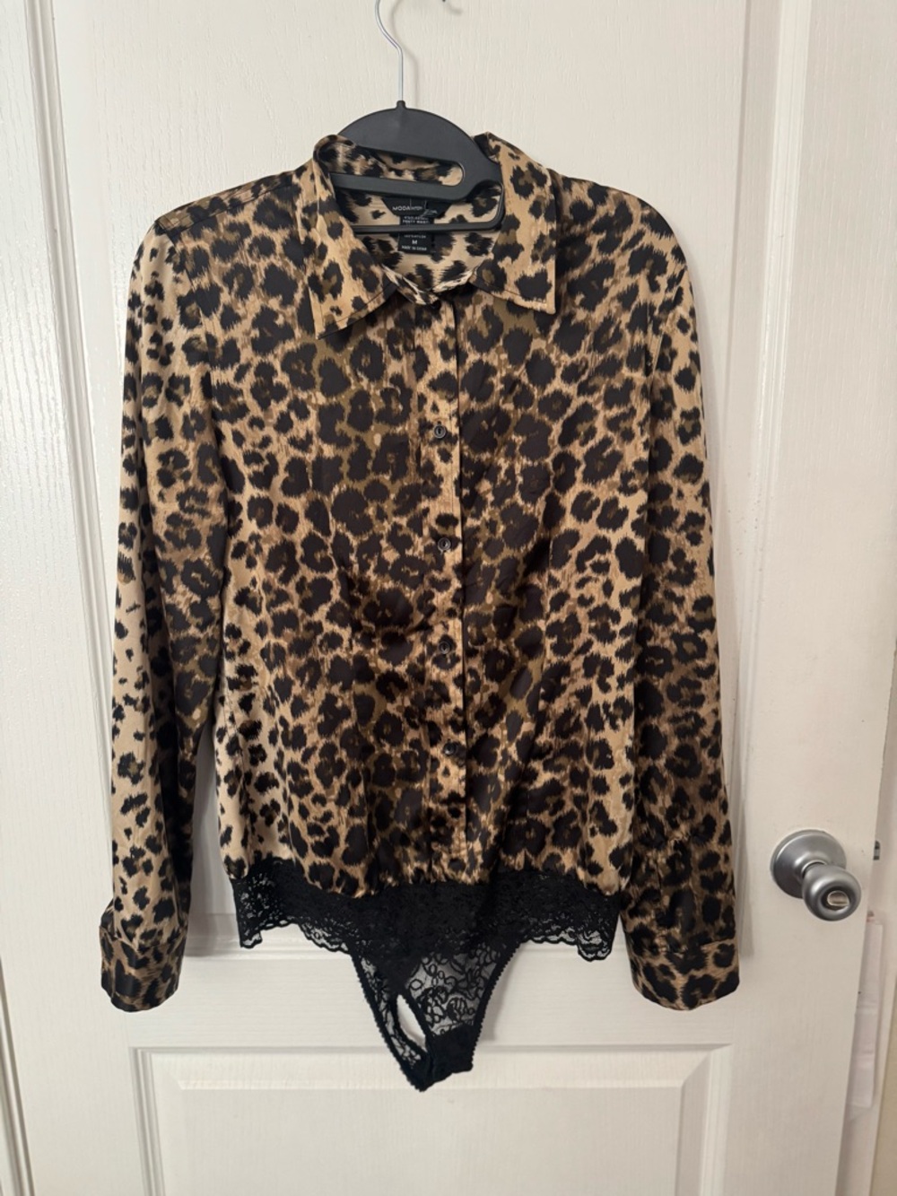 Moda International Leopard-Print Button-Up Blouse in Black and Tan